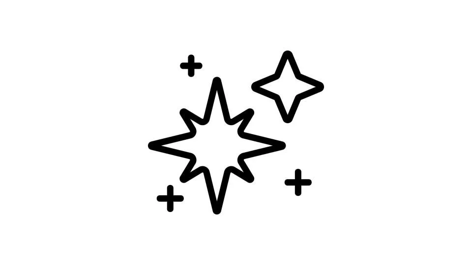 Simple black outline graphic of stars and sparkles.