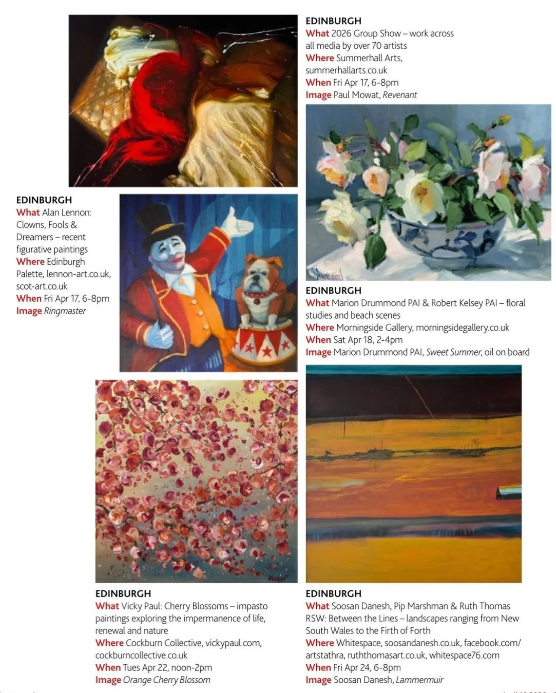 Great to see Cockburn Collective resident artist @vickyjpaul Cherry Blossom exhibition featured in @artmaguk &lsquo;Be The First To See The Show&rsquo; feature alongside @lennon__art @summerhallarts @morningsidegallery and @whitespace76 

Running fro