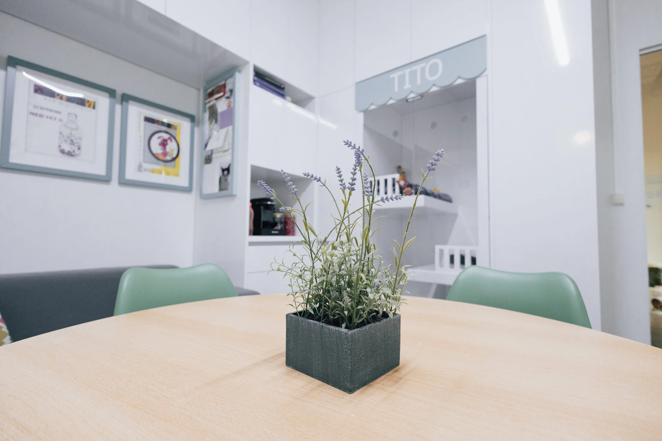 Vaso com plantas verdes e flores roxas em mesa de madeira, fundo com paredes brancas e quadro decorativo.