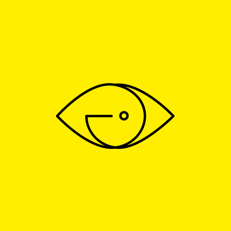 Simple black outline of an eye with the inside shaped like a face with a small circle for an eye and a curved line for a mouth, on a yellow background.