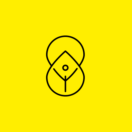 Minimalist black line drawing of an apple on yellow background, with a geometric design inside resembling a stylized face or figure.