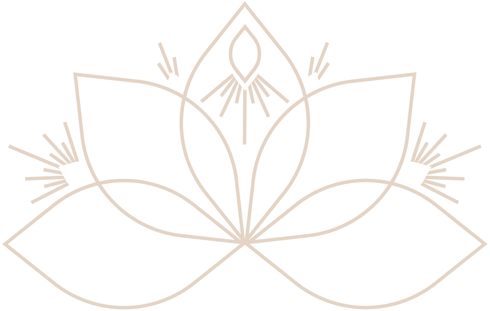 Linienzeichnung eines stilisierten, symmetrischen Blütenmusters mit Blättern und einem zentralen lichtähnlichen Element