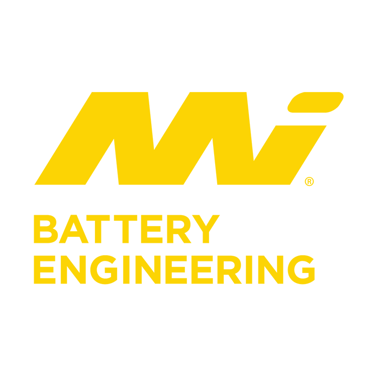 Logo of MI Battery Engineering with yellow letters on a black background.