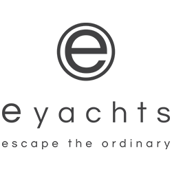 Logo with a stylized lowercase 'e' and the words 'e yachts' and the tagline 'escape the ordinary' beneath.