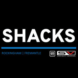 Logo for Shacks restaurant with the text 'ROCKINGHAM | FREMANTLE' and GM Specialty Vehicles branding.