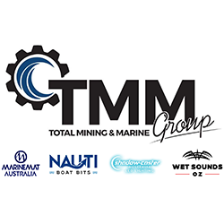 Logo of TMM Group, a total mining and marine company, with additional logos of Marine Repair Australia, Nauti Boat Sales, Shadow Marine, and Wet Sounds.