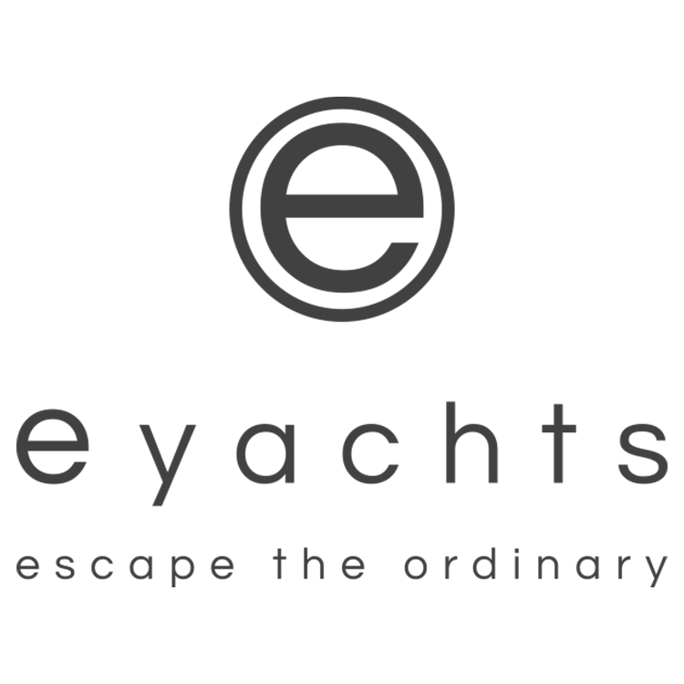 Logo with a stylized lowercase 'e' and the words 'e yachts' and the tagline 'escape the ordinary' beneath.