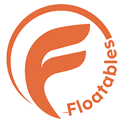 Logo of a company named Floatbles featuring an orange stylized letter 'F' within an orange circle and the company name written vertically to the right.