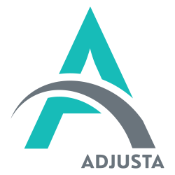 Logo with a stylized turquoise capital A, a gray curved line beneath, and the word 'ADJUSTA' in gray.