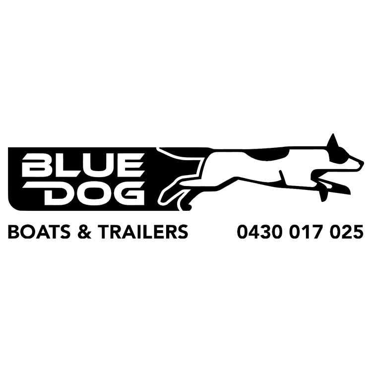 Logo for Blue Dog Boats & Trailers featuring a stylized blue dog and contact number.