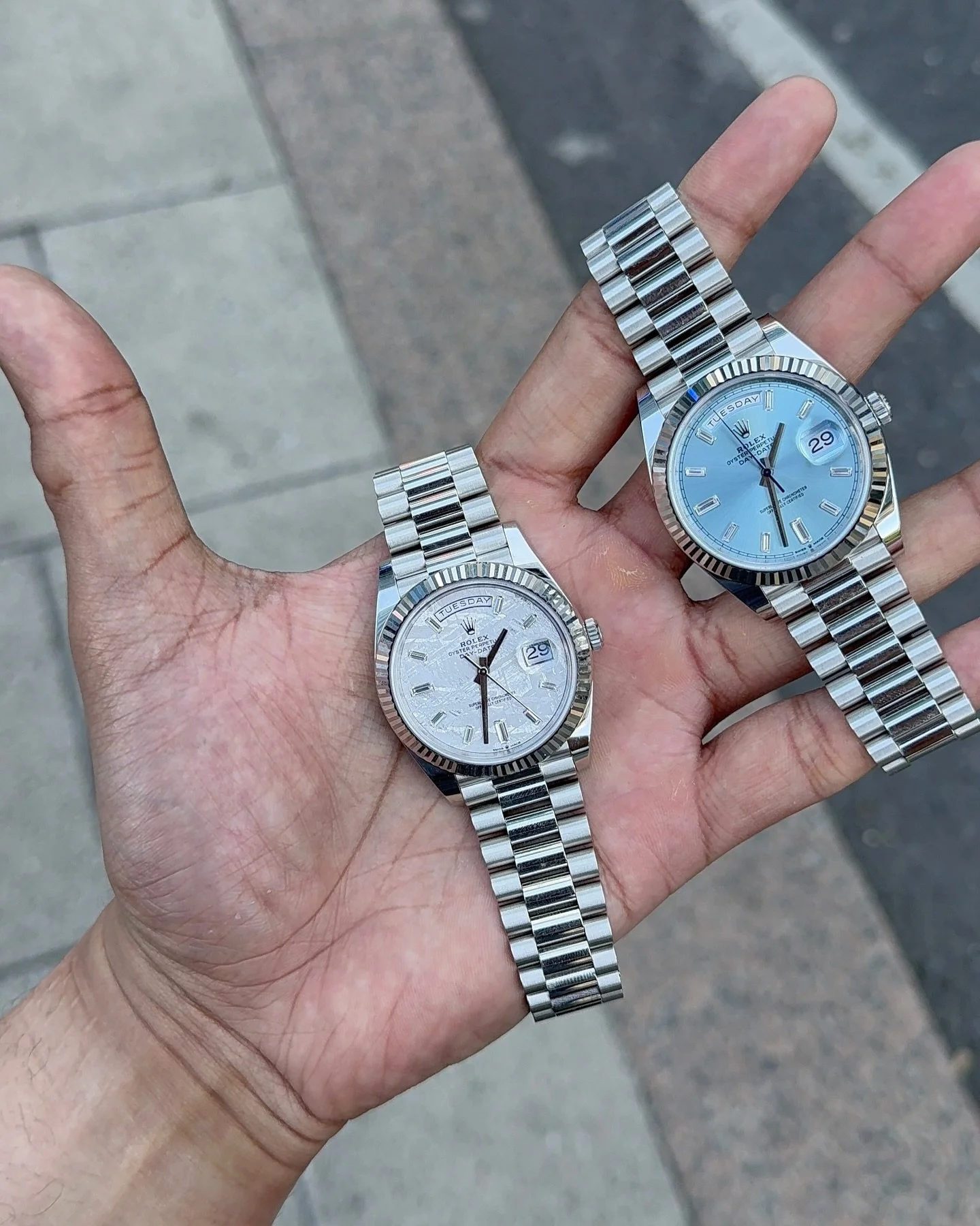 Rolex Daydate 40mm Platinum meteorite ☄️ and ice blue baguette 🧊 both in stock and available !

We can source any watches 📞 
Sell your watch today 💷 
London based 🇬🇧 
WhatsApp in the bio. 

This dial features 10 baguette-cut diamonds. Formed in 