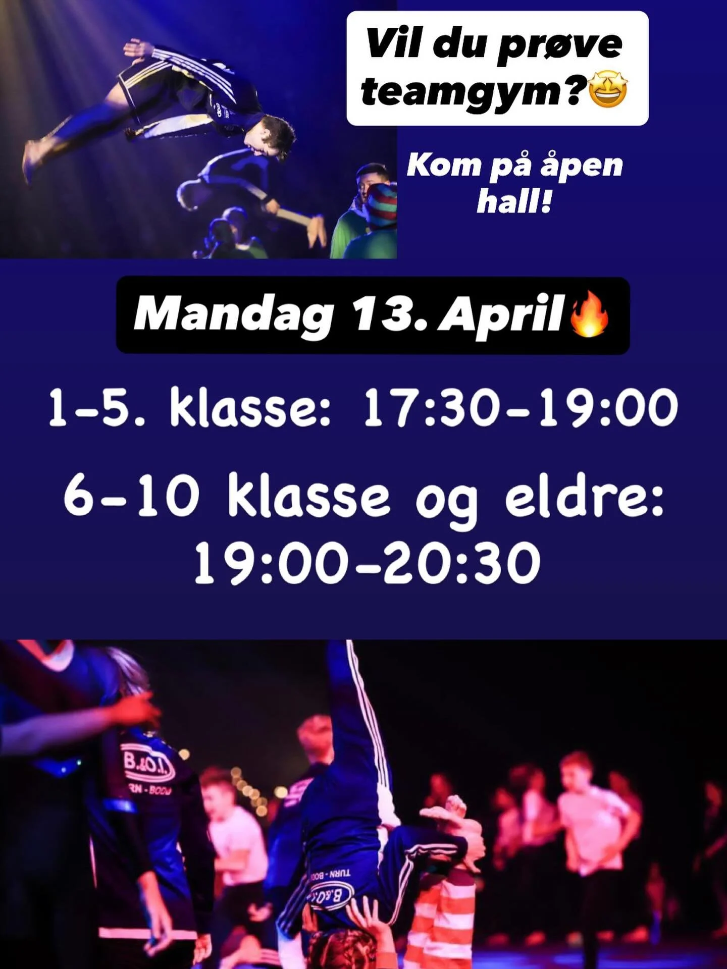 Vil du pr&oslash;ve Teamgym? 🤩 kom p&aring; &aring;pen hall! 
Mandag 13. April🔥 
Turnhallen m&oslash;rkved📍
1-5 klasse: 17:30-19:00
6-10 klasse og eldre: 19:00-20:30

H&aring;pa vi ses!⭐️⭐️