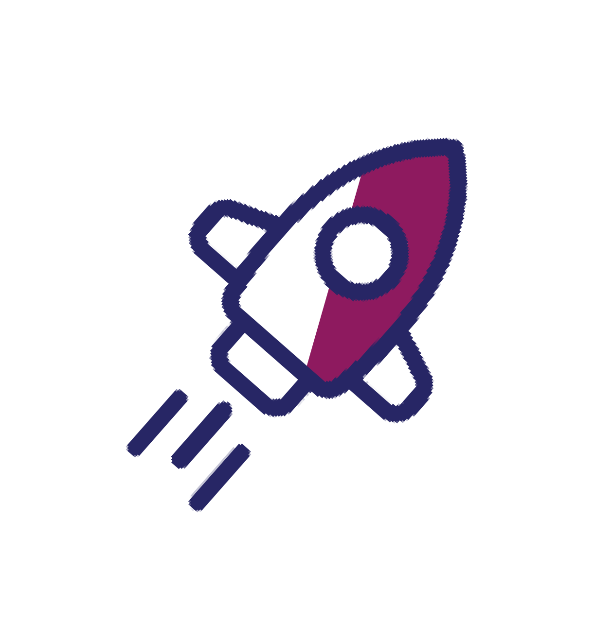 Illustration eines Raketenstarts, stilisierte Linie in Dunkelblau mit rosa Akzent, zeigt den Start einer Rakete nach oben.