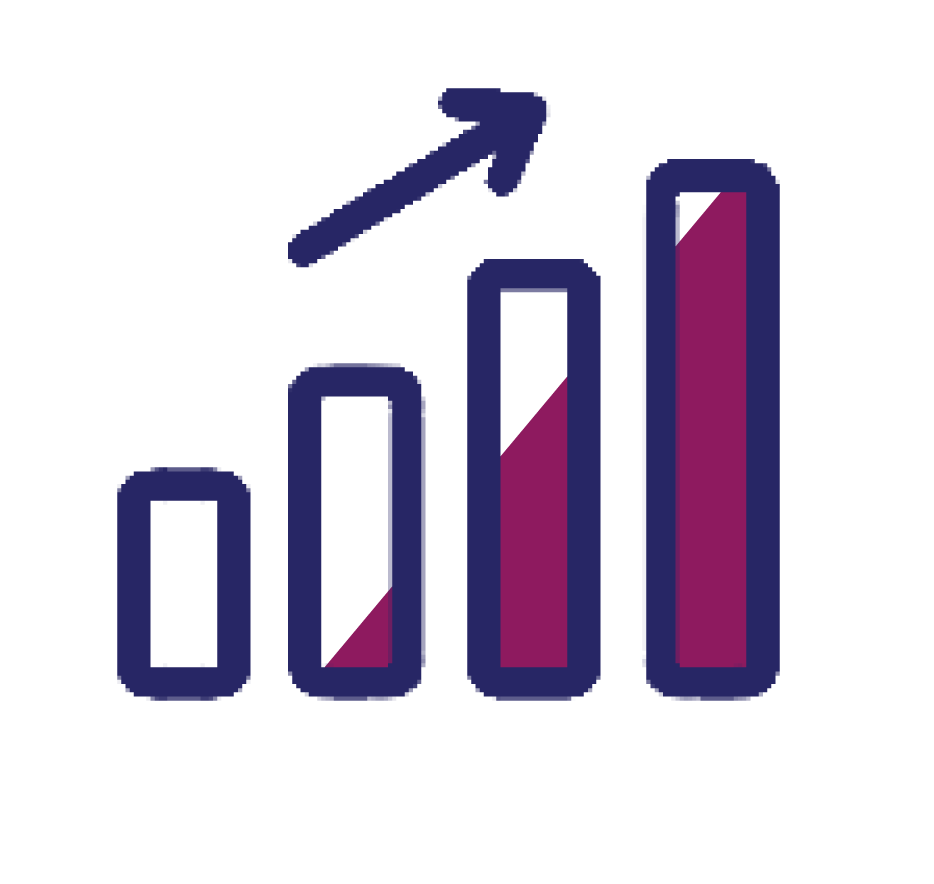 Ein Balkendiagramm mit vier steigenden Säulen in Blau und Lila, ein nach oben gerichteter Pfeil über den Säulen