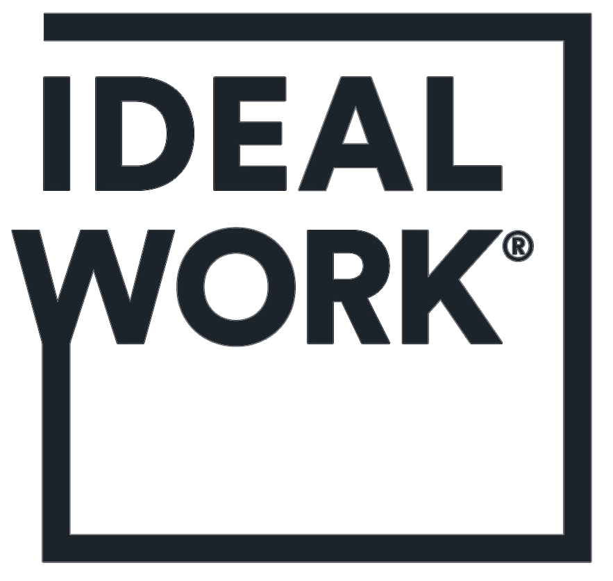 Logo avec l'inscription « IDEAL WORK » en lettres noires sur fond blanc, encadré par une bordure noire.