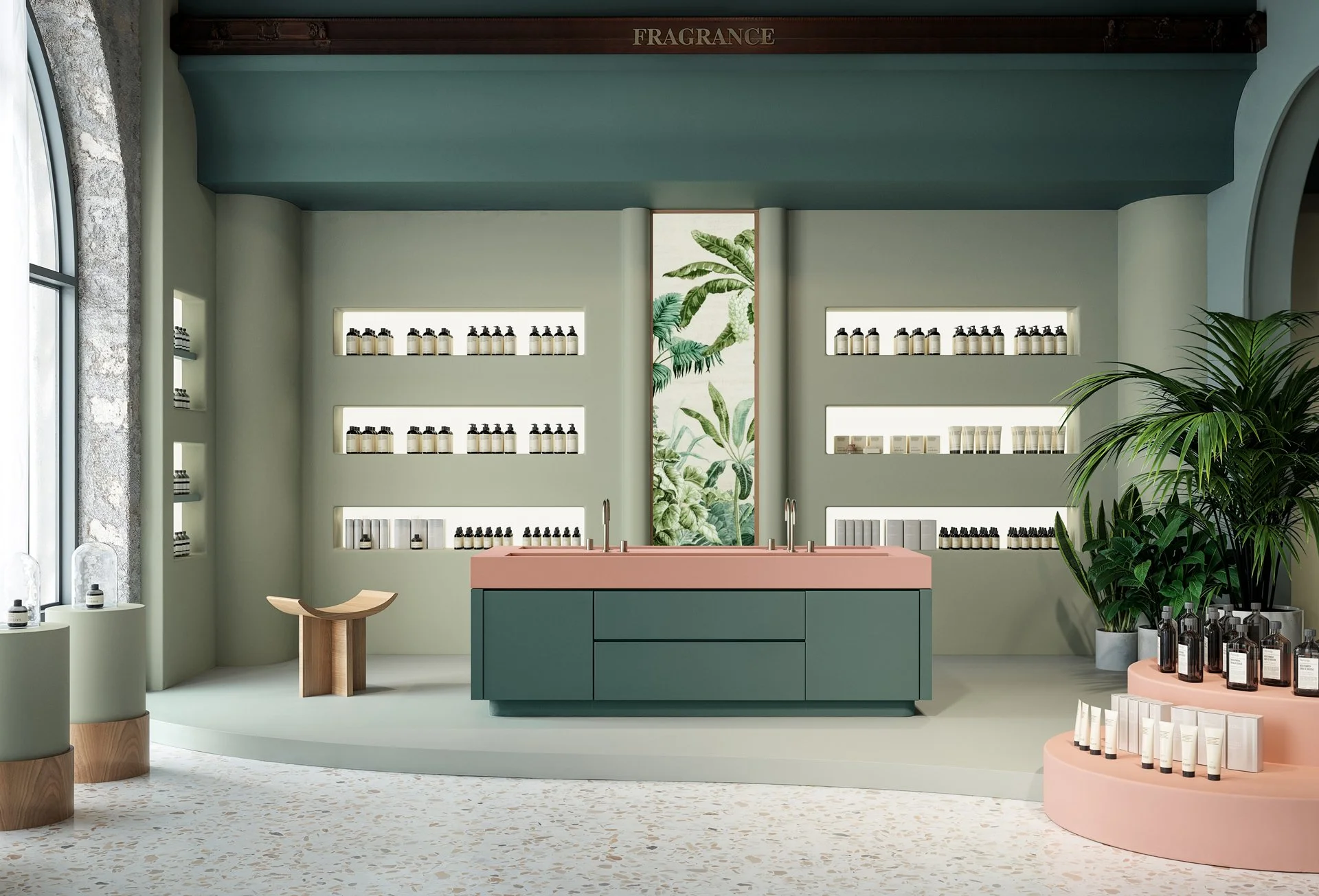Intérieur d'une boutique de cosmétiques avec étagères de produits, un comptoir rose et vert, et des plantes vertes décoratives.