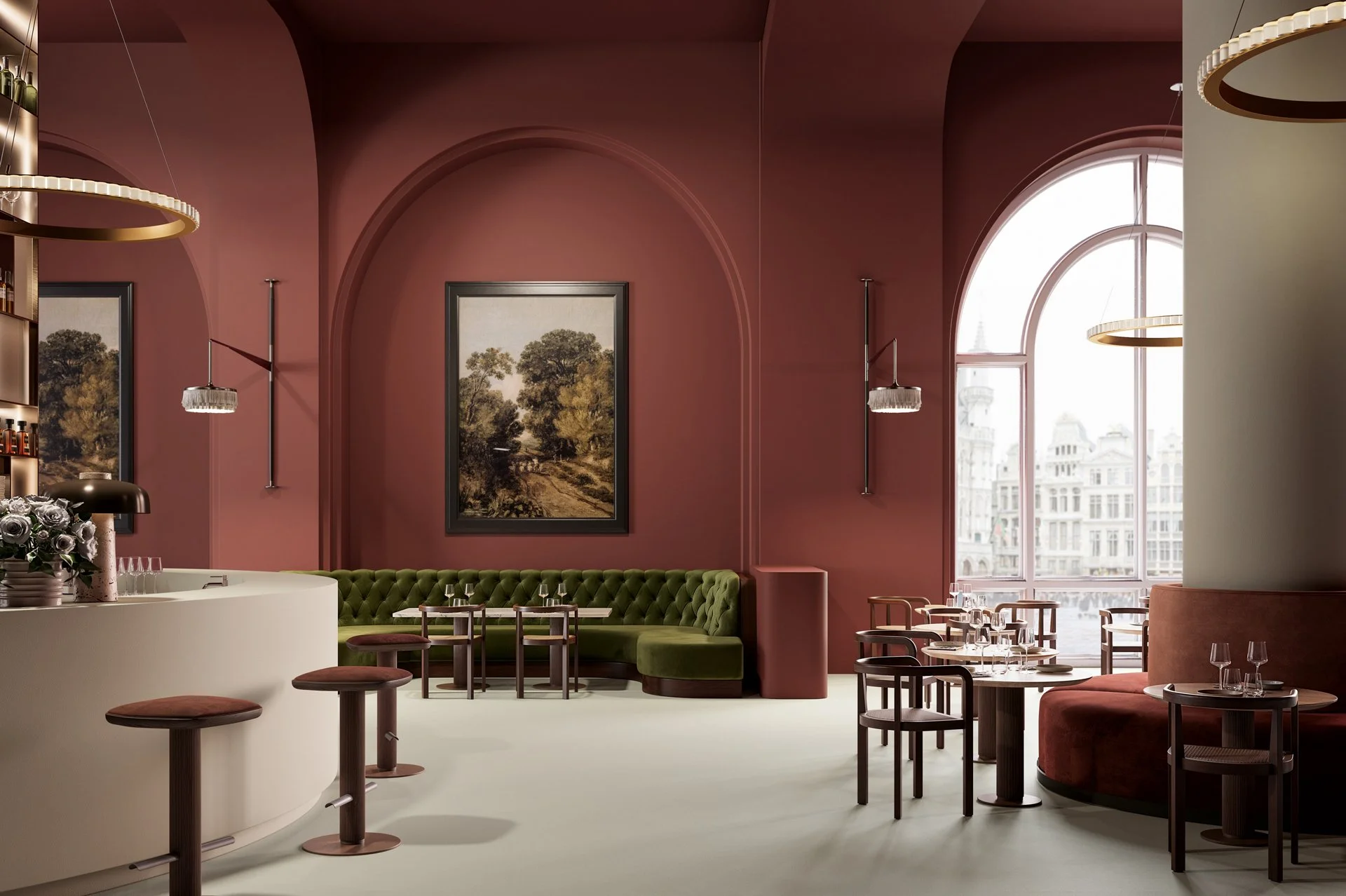 Intérieur d'un restaurant ou bar élégant avec des murs rose foncé, des fenêtres en arc, des tableaux de paysages, des tables avec verres et assiettes, et des chaises en bois, ambiance chaleureuse et raffinée.