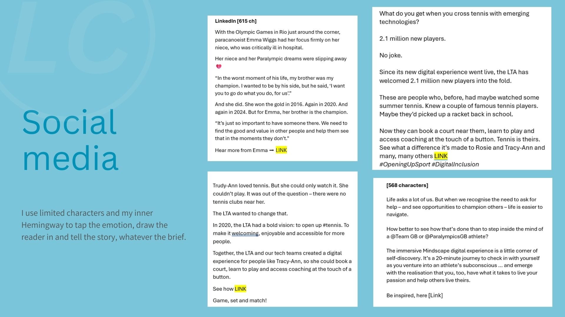 Blue deck showing four examples of raw social media copy