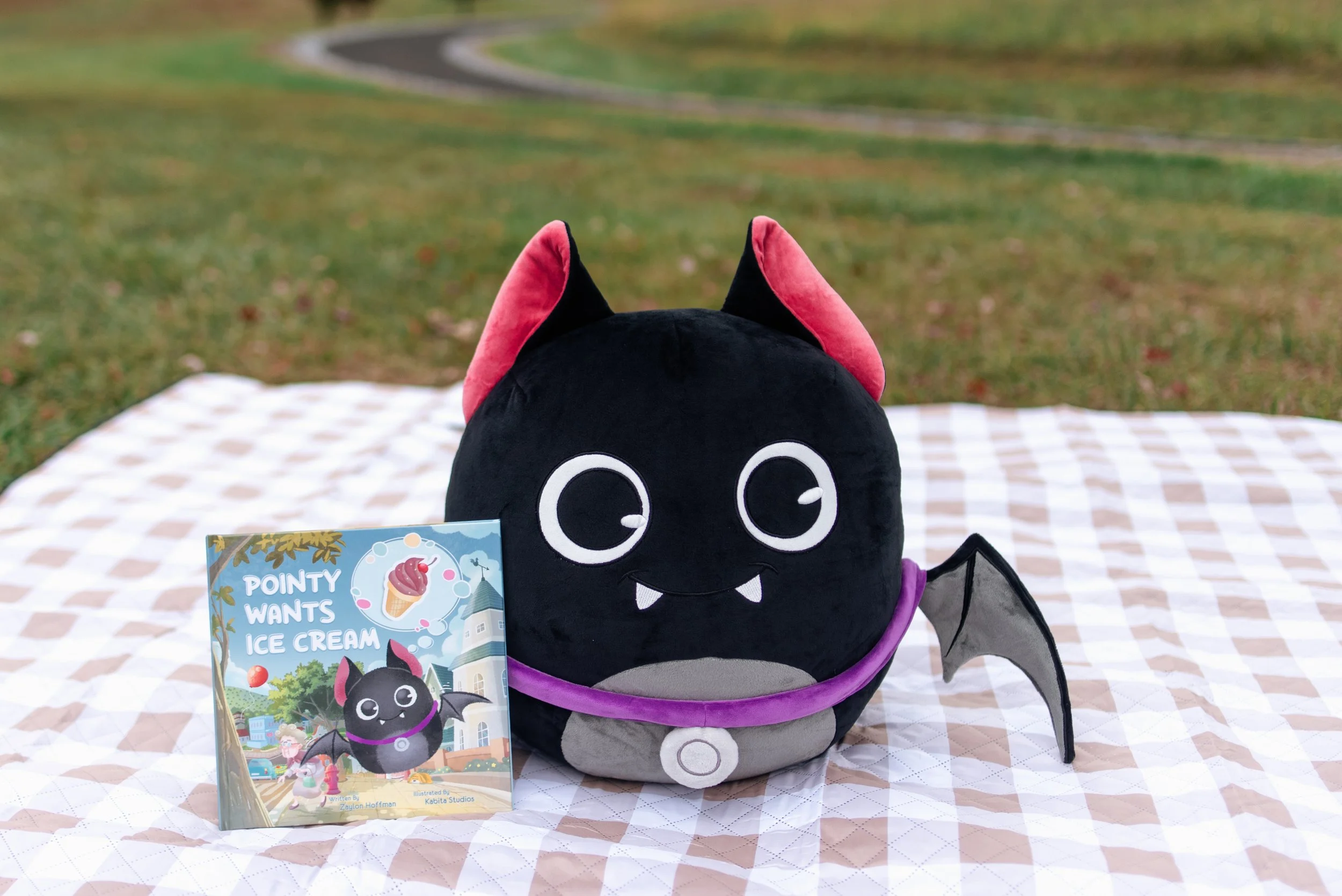 A black plush bat with pink ears, big eyes, and small teeth sitting on a checkered blanket outdoors. Beside it is a children's book titled "Pointy Wants Ice Cream" featuring a cartoon bat on the cover.