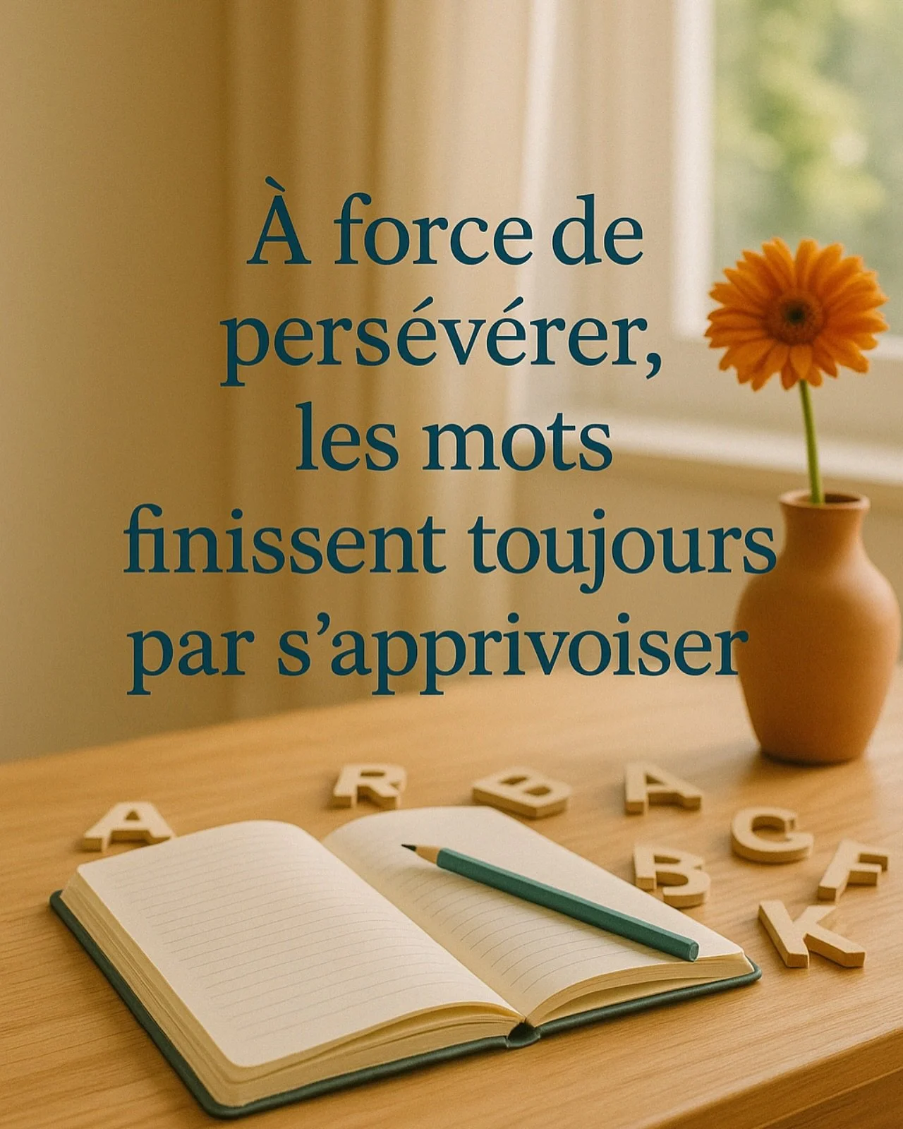 &ldquo;&Agrave; force de pers&eacute;v&eacute;rer, les mots finissent toujours par s&rsquo;apprivoiser.&rdquo;

Parce que chaque progr&egrave;s commence par un pas, chaque mot peut devenir un alli&eacute;.
Dans mon cabinet d&rsquo;orthographoth&eacut