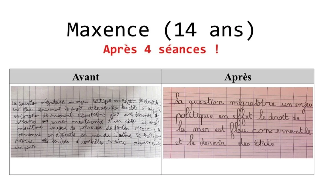 🖊 Avant / Apr&egrave;s 
Voici l&rsquo;&eacute;volution de l&rsquo;&eacute;criture d&rsquo;un coll&eacute;gien de 14 ans apr&egrave;s quelques s&eacute;ances seulement 🌟

Au d&eacute;but, son &eacute;criture &eacute;tait irr&eacute;guli&egrave;re, l
