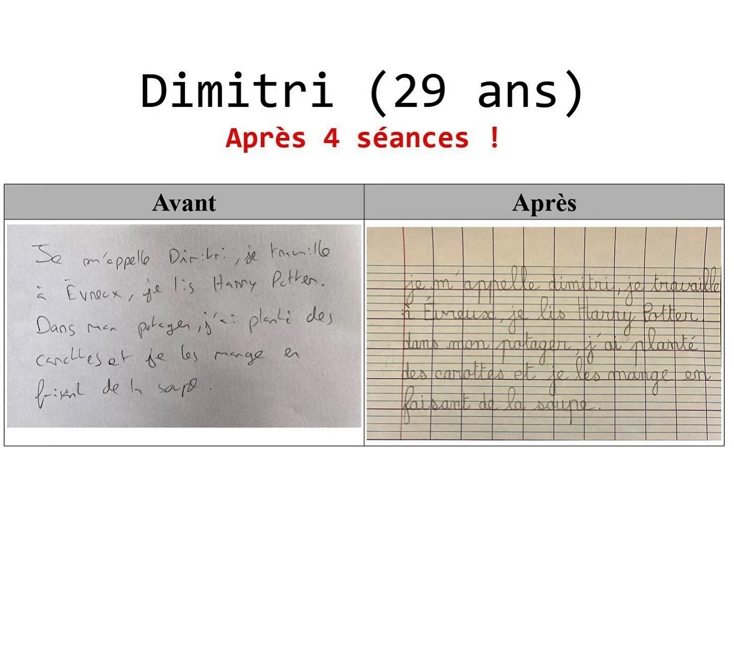 ✨ Avant / Apr&egrave;s ✨
Quand un adulte d&eacute;cide de reprendre confiance dans son &eacute;criture, les progr&egrave;s sont visibles tr&egrave;s rapidement.
👉 Sur la gauche, une &eacute;criture difficile &agrave; relire, irr&eacute;guli&egrave;r
