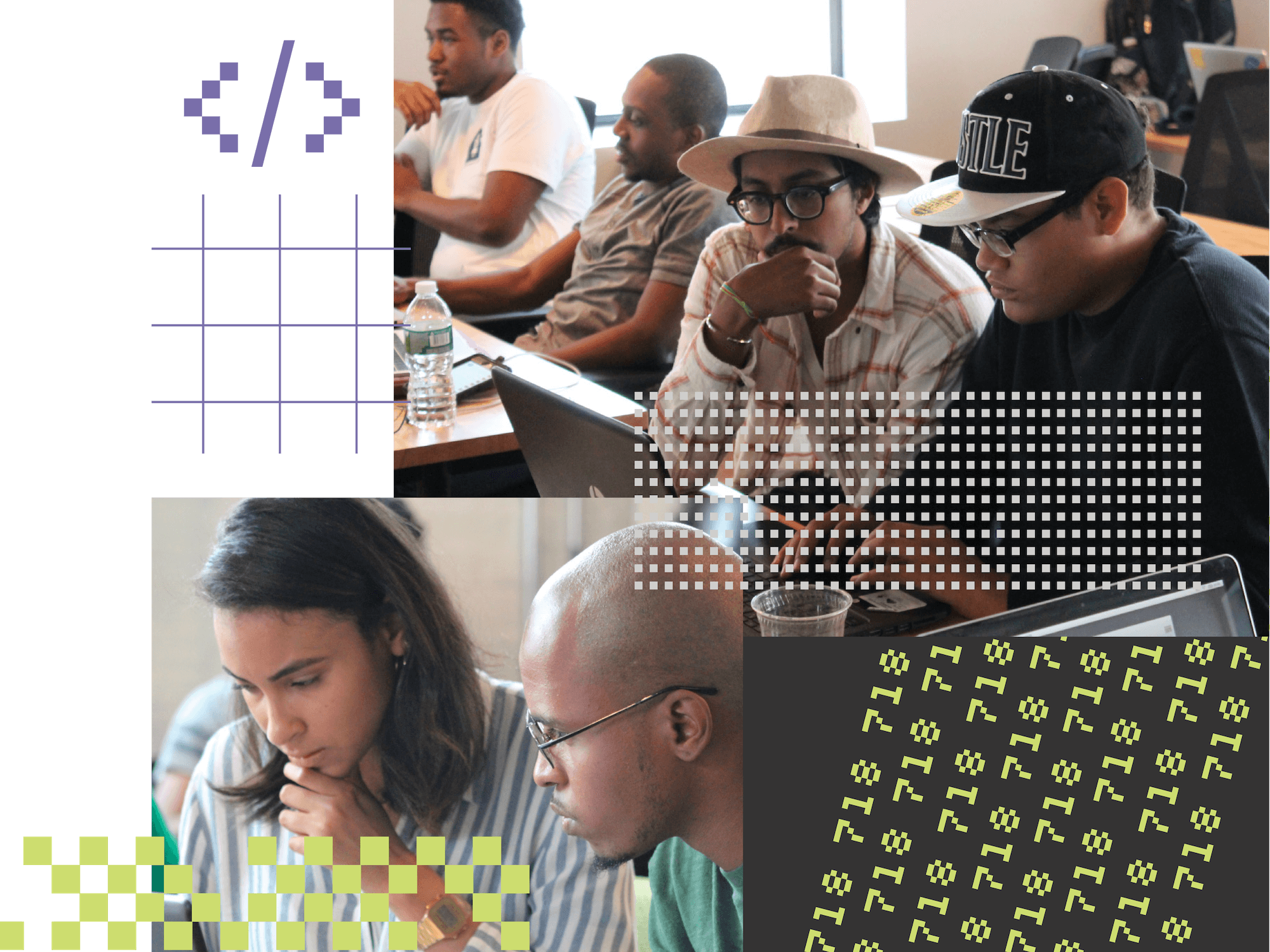 Diverse group of young adults collaborating on laptops in a classroom setting, representing inclusive tech education and workforce development with branded graphic overlays for 718 Digital Labs.