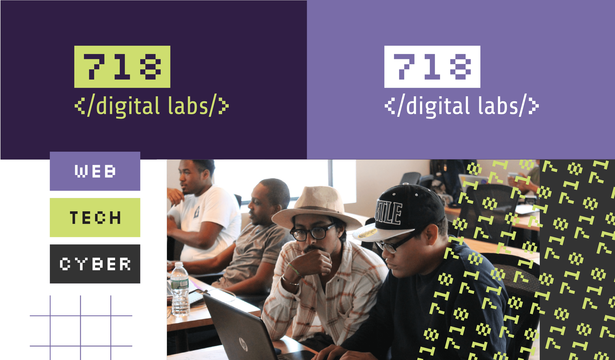 Branded layout featuring 718 Digital Labs logo with labels for web, tech, and cyber programs, paired with imagery of students learning technology skills.