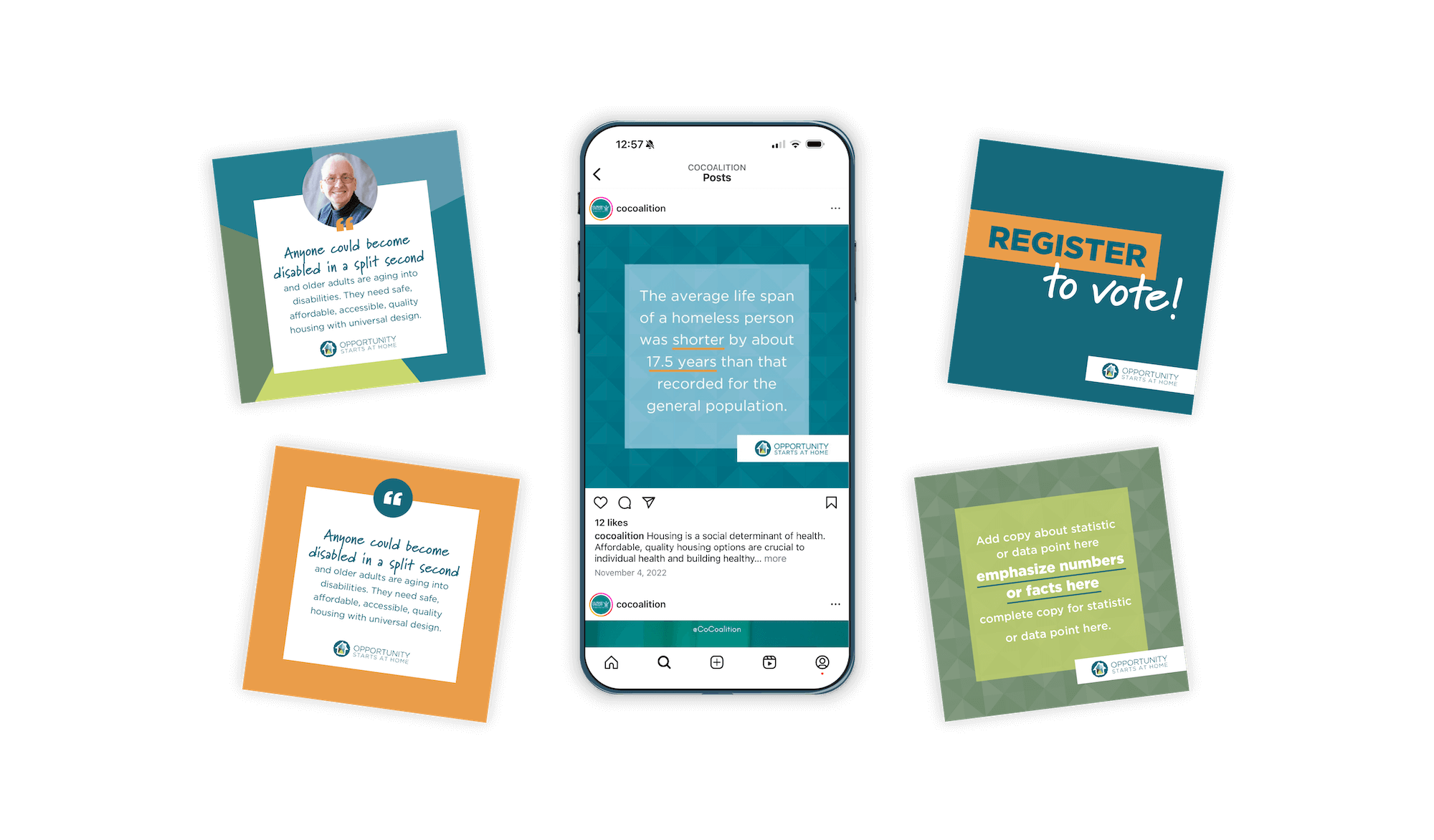 Awareness campaign - Smartphone displaying an Instagram post about average life span of homeless people, surrounded by four colorful quote and statistic cards promoting voting registration, housing health, and sharing data