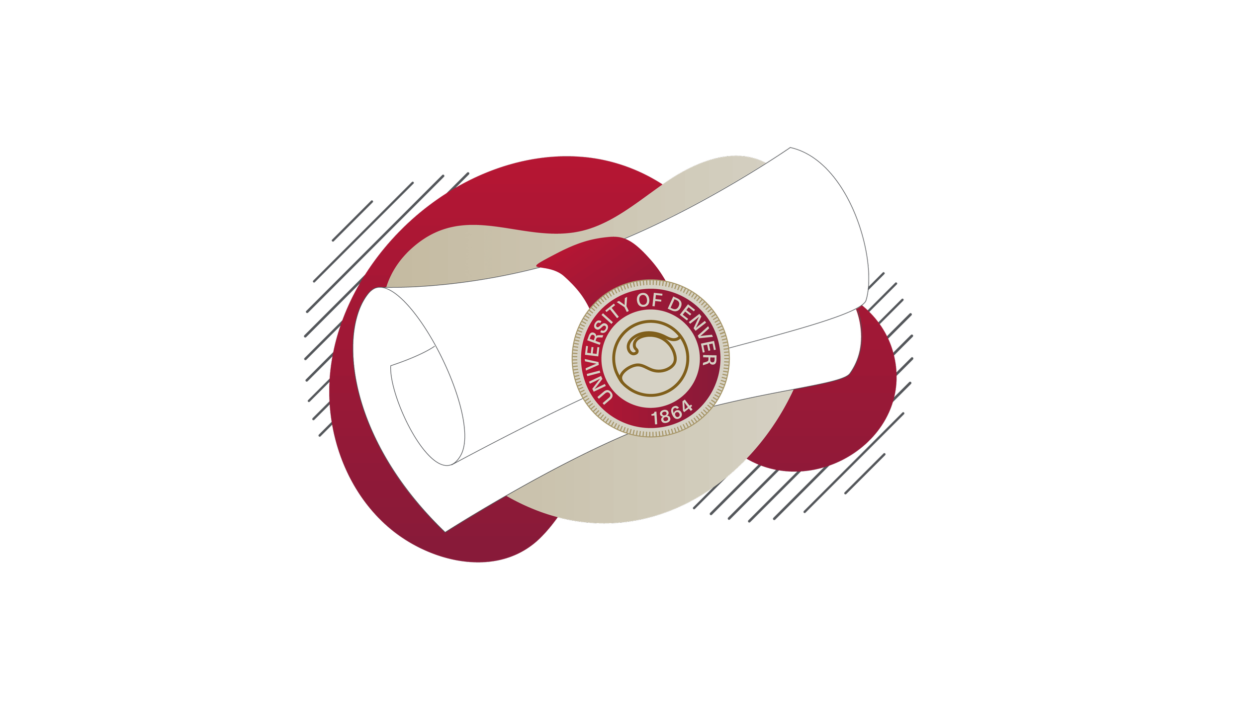 Illustration of a rolled diploma with the University of Denver seal, representing higher education achievement and credential completion.