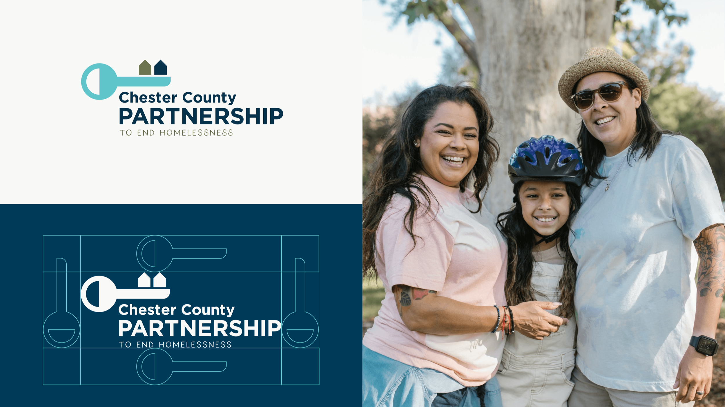 The left side features  Chester County Partnership to End Homelessness's logo with a key and houses, and text. The right side shows three smiling people—two women and a girl, with the girl wearing a bicycle helmet, standing outdoors near a tree.
