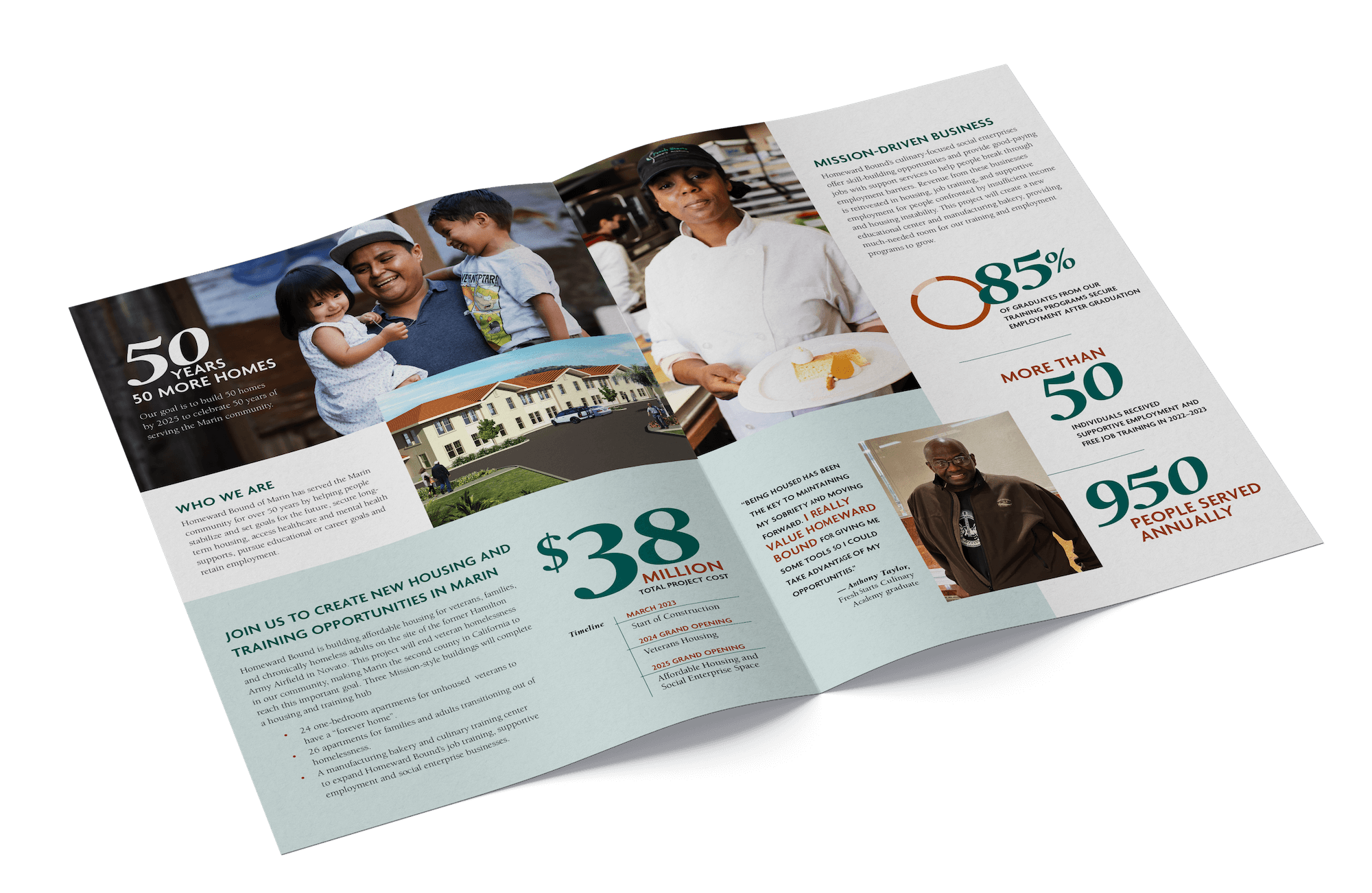 Folded nonprofit fundraising brochure for Homeward Bound of Marin featuring families, workforce training, and affordable housing development, with statistics about impact and employment outcomes.
