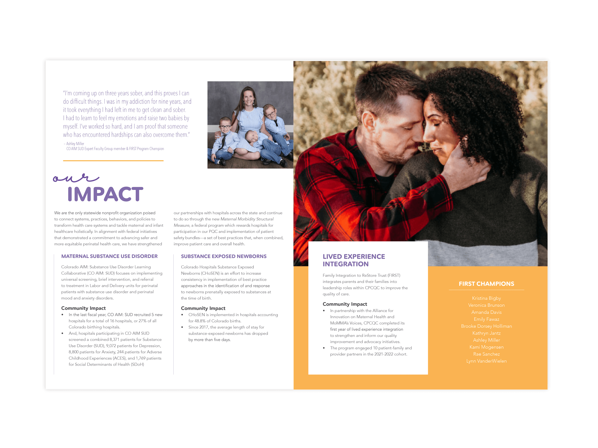 Annual report spread for Colorado Perinatal Care Quality Collaborative showing woman with three children on the left and a man and woman on the right. 