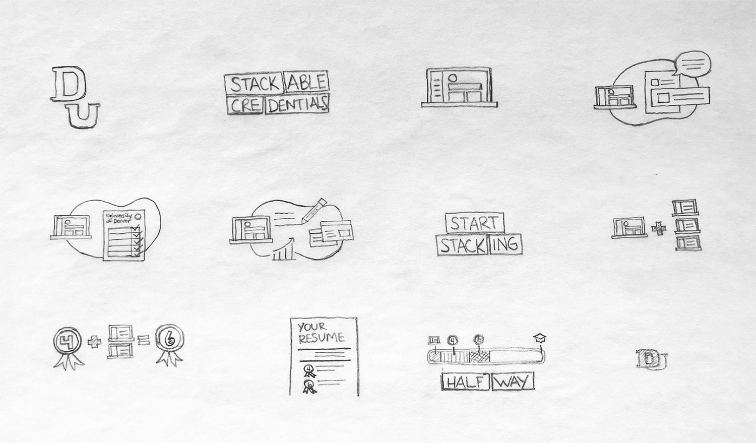 Hand-drawn storyboard sketches showing icons for online learning, stackable credentials, resumes, and progress milestones used in video pre-production planning.