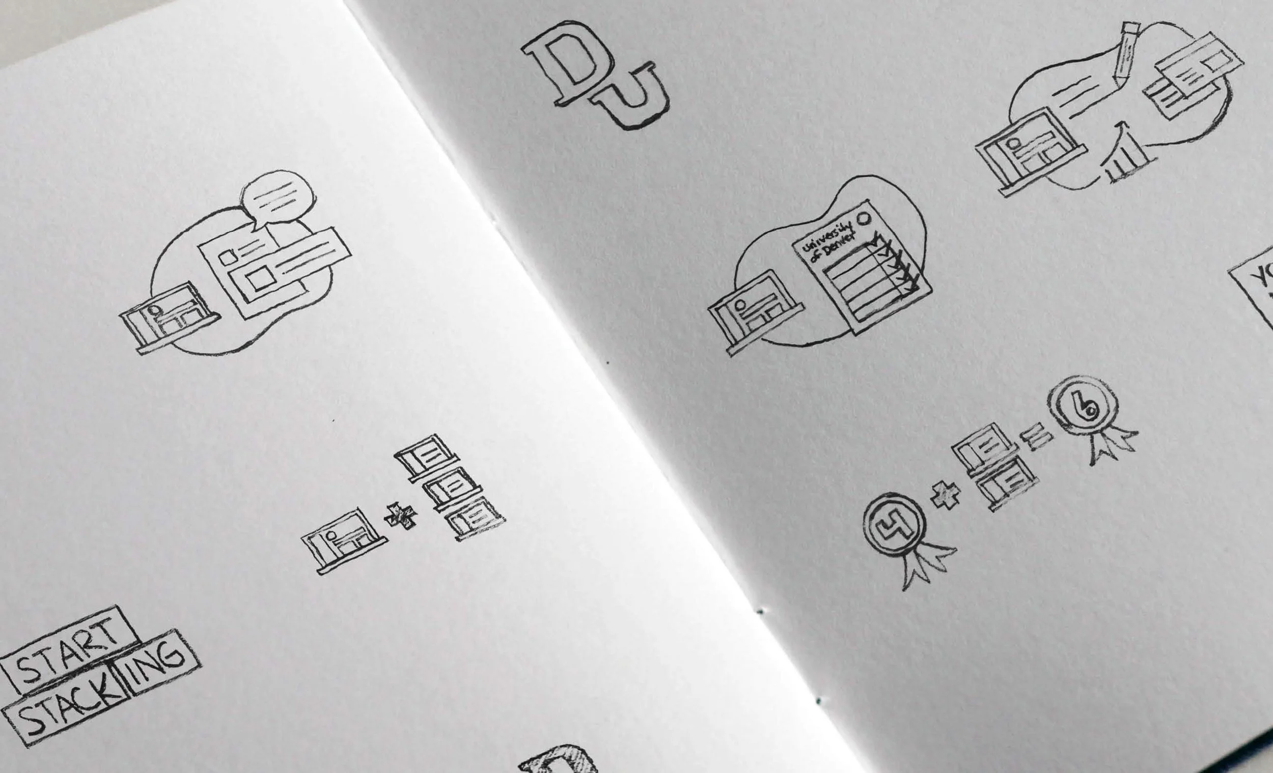 Hand-drawn illustrations for video pre-production. Featuring a university building, and awards on white paper, with some text like 'START STACKING' and 'University of Denver'.