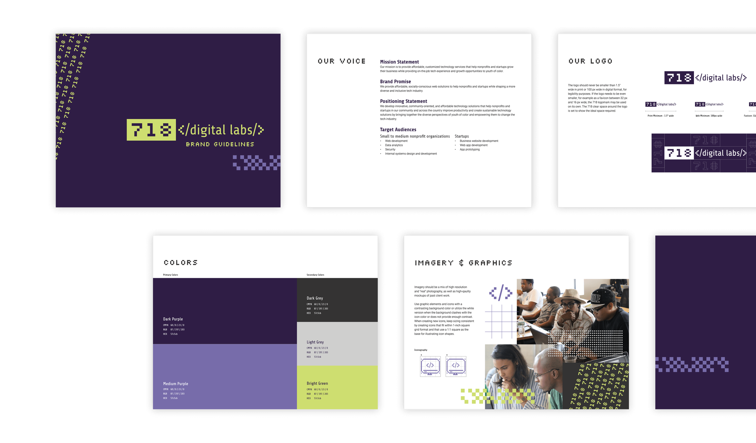 Brand guidelines for 718 Digital Labs showing logo usage, typography, color palette, and imagery styles as part of a web design and branding system.