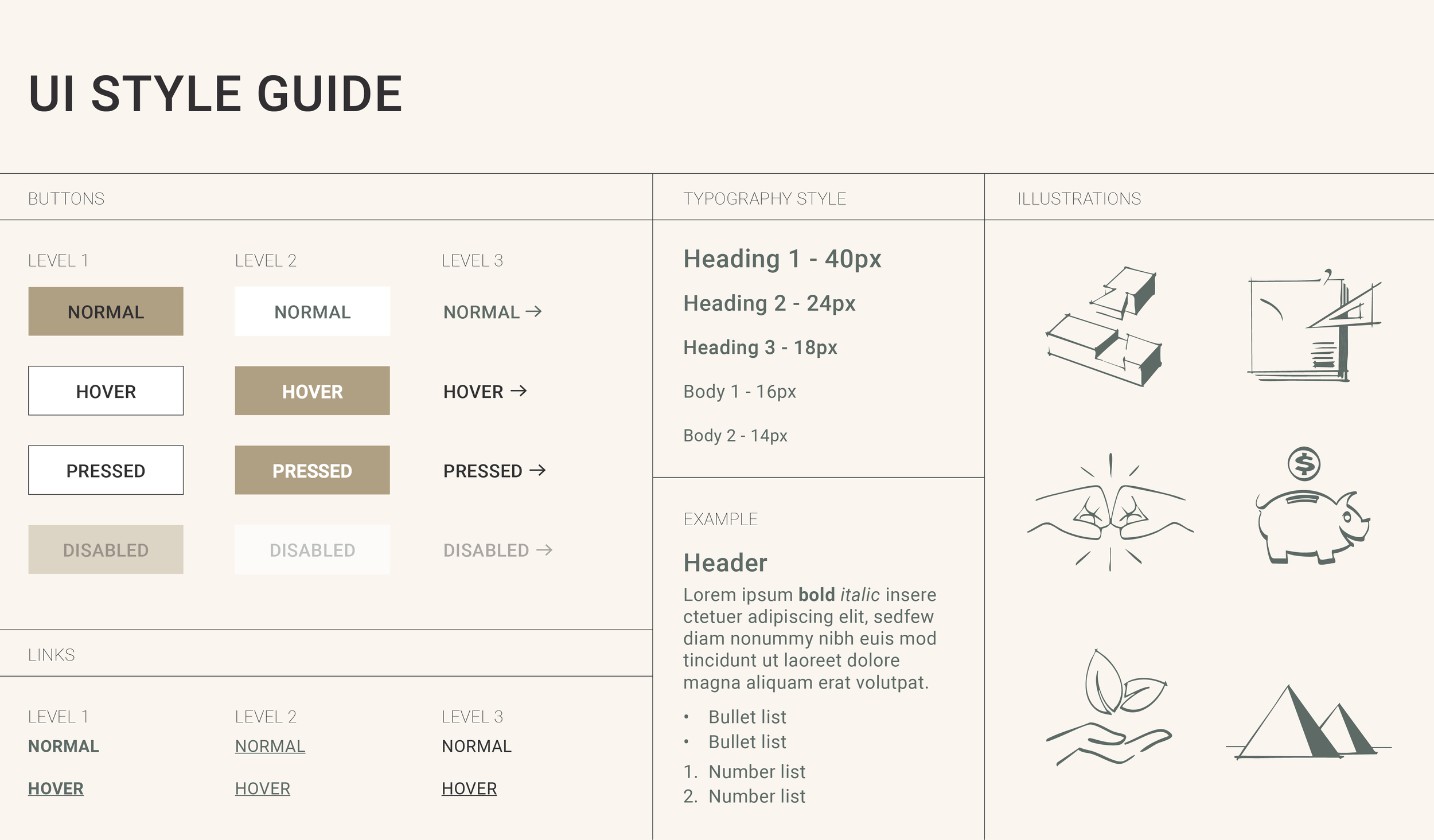 UI style guide for a nonprofit website showing button states, typography hierarchy, and custom icons supporting accessible web design and consistent user experience.