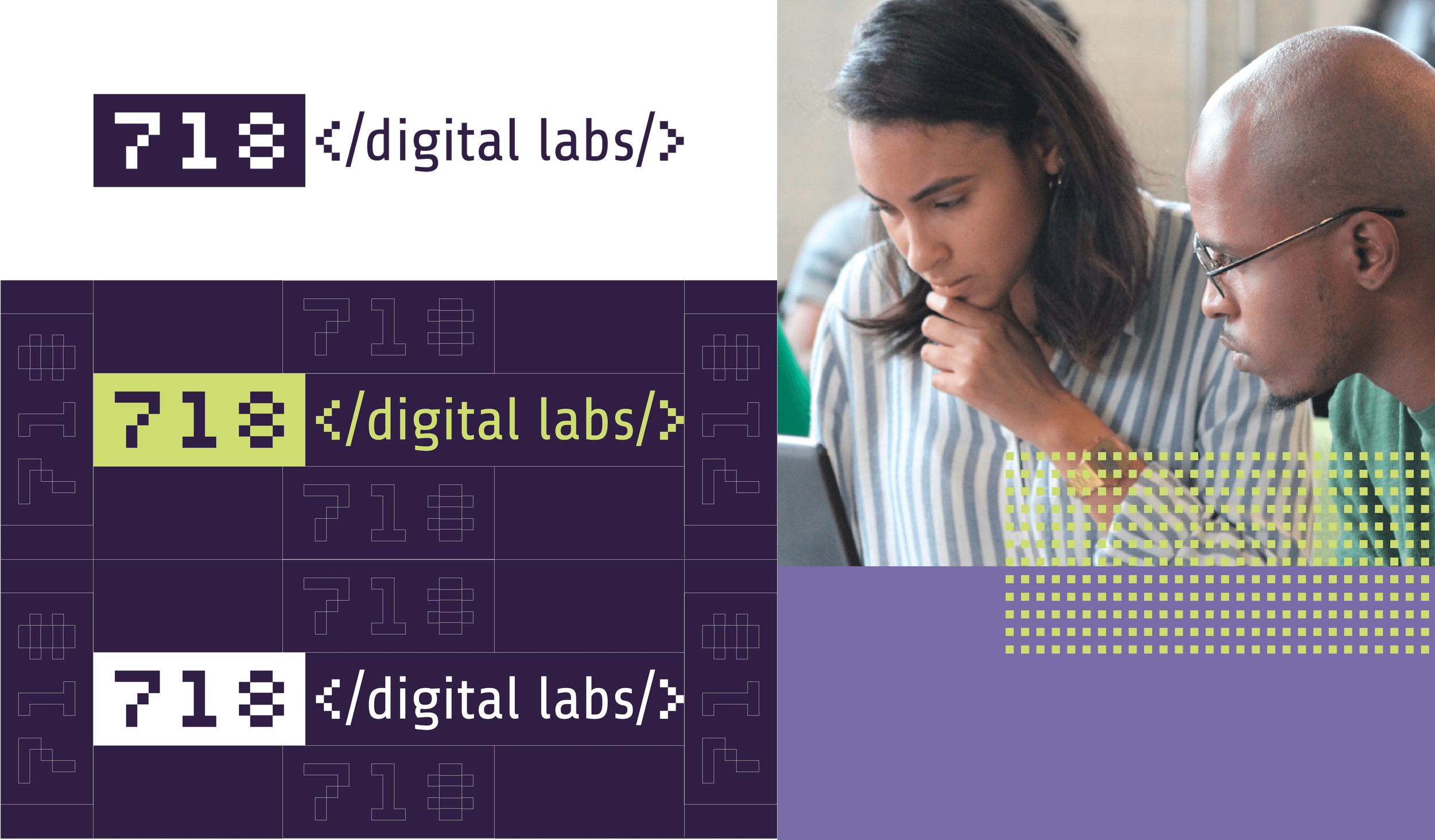 Sub-brand identity system showing 718 Digital Labs logo variations alongside photography of students working, demonstrating digital branding and visual identity applications.