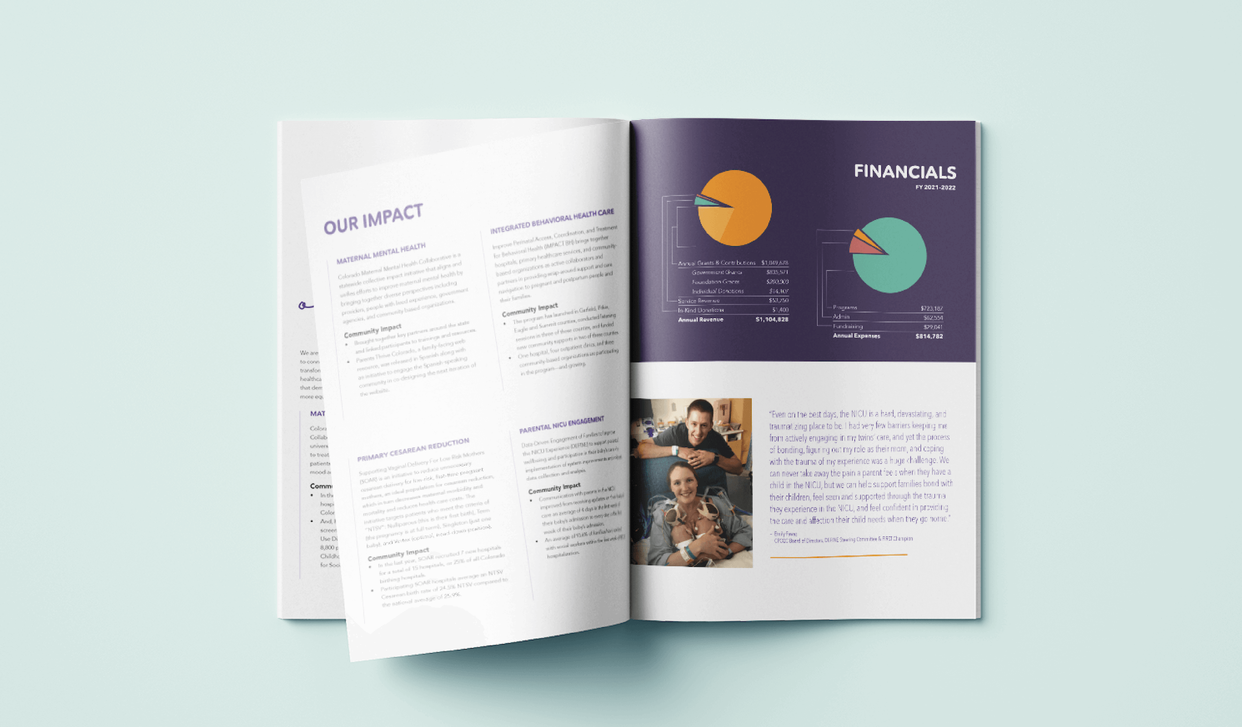 Annual report design booklet spread for Colorado Perinatal Care Quality Collaborative showing text on the right and a infographic and photo on the right.