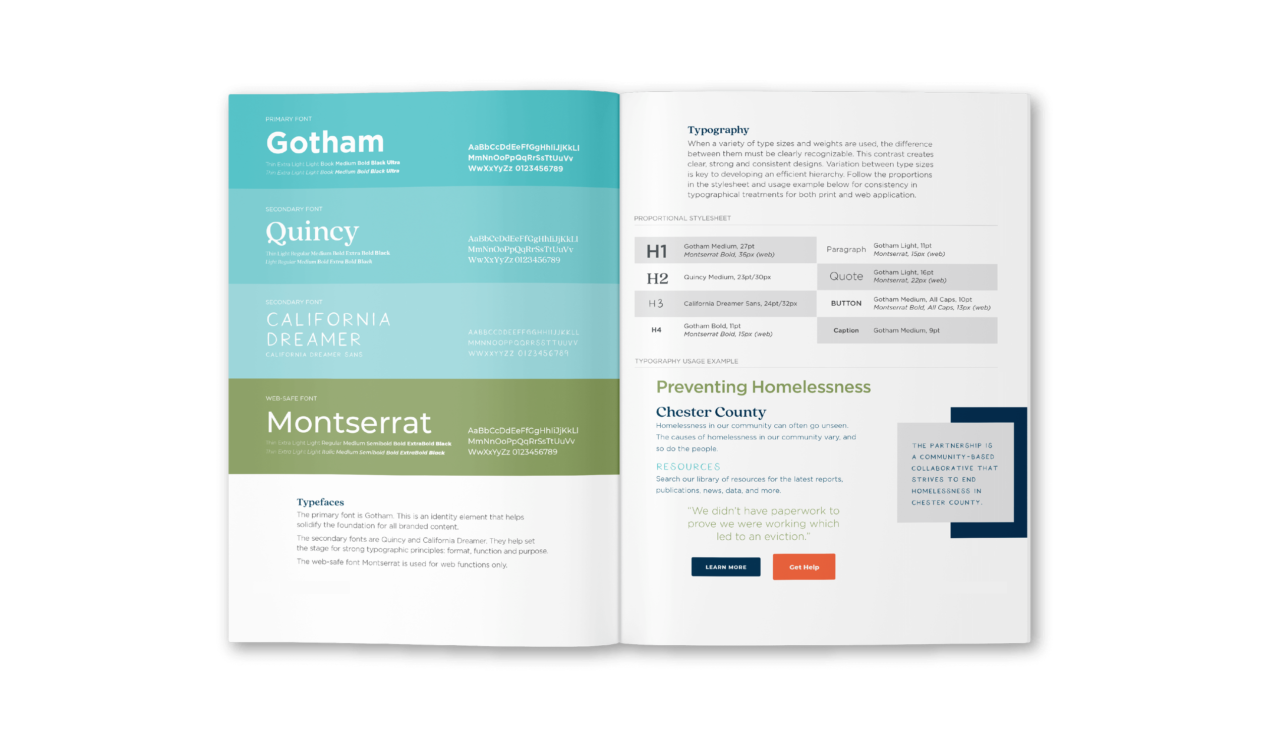Open page from Colorful icon set 1 for Chester Country Partnership to End Homelessness's branding guide showing typography