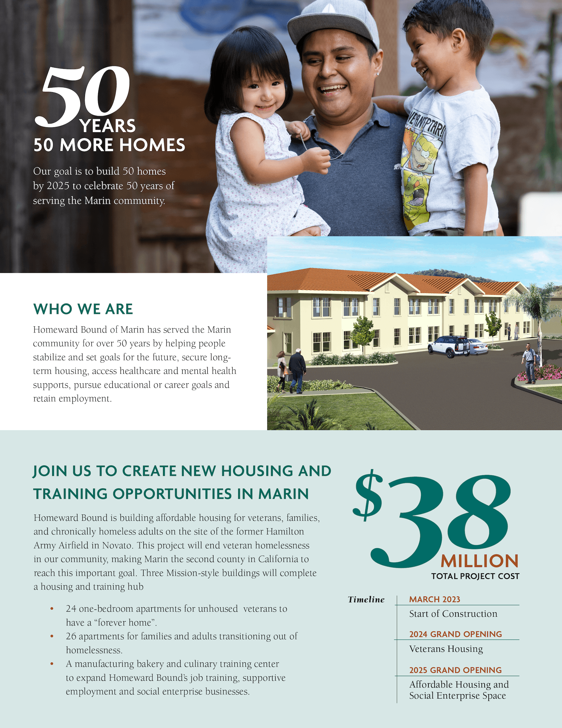 Nonprofit campaign page showing a smiling adult holding two children alongside a rendering of new affordable housing, promoting a $38 million housing and training development in Marin County.
