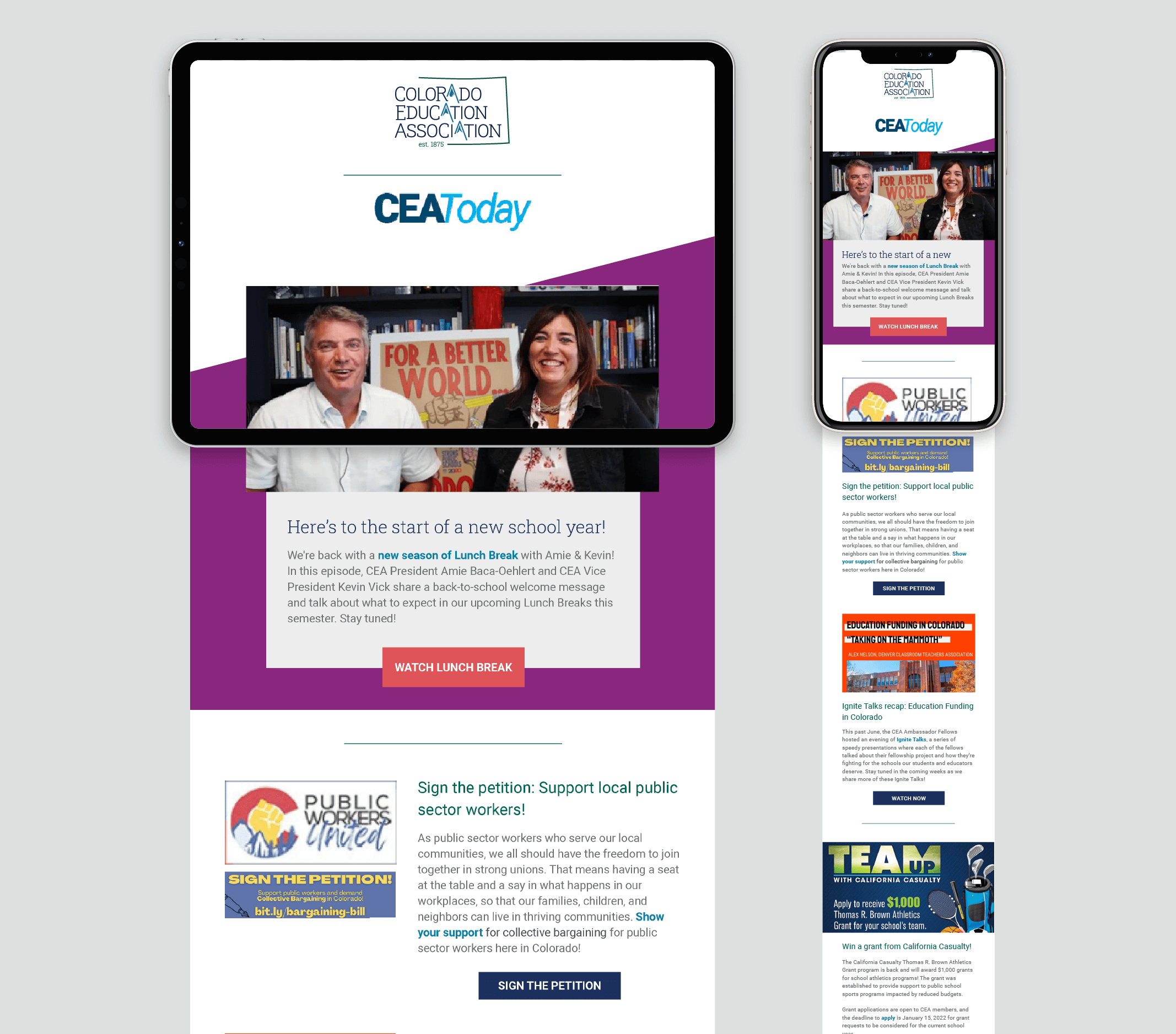 Tablet and mobile mockups of webpage for Colorado Education Association
