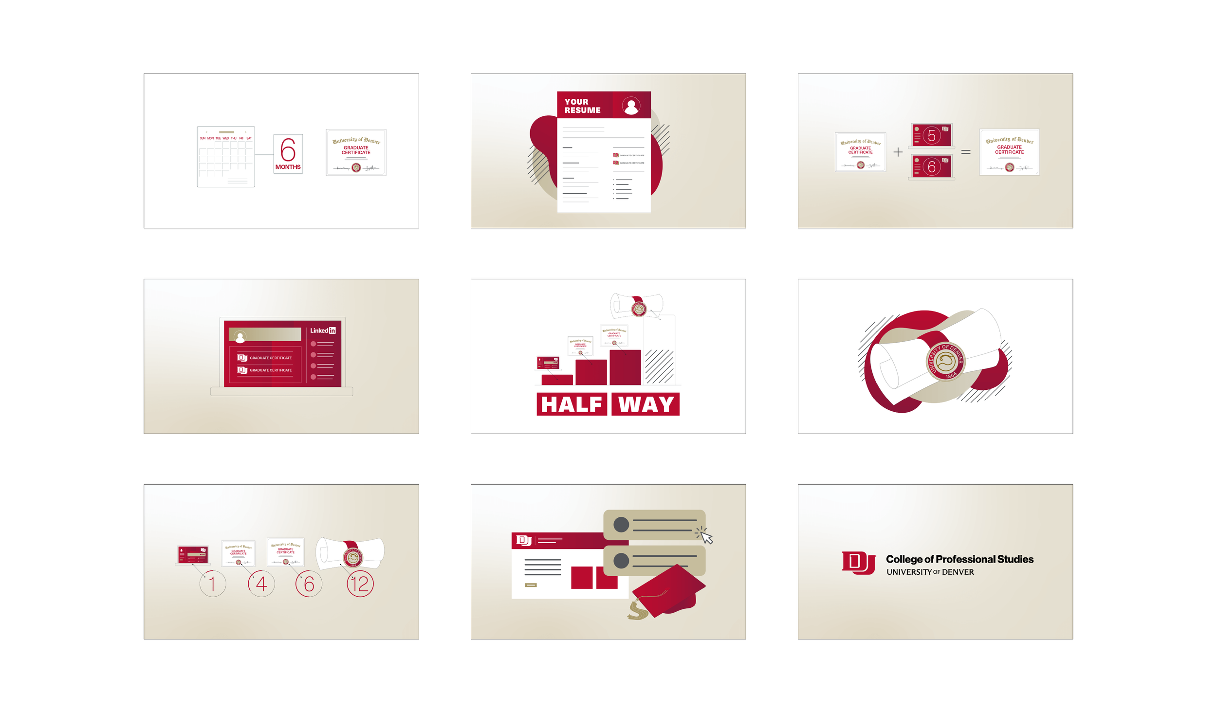 Set of polished video frames illustrating student journeys, certificates, and timelines for a University of Denver marketing and communications video.