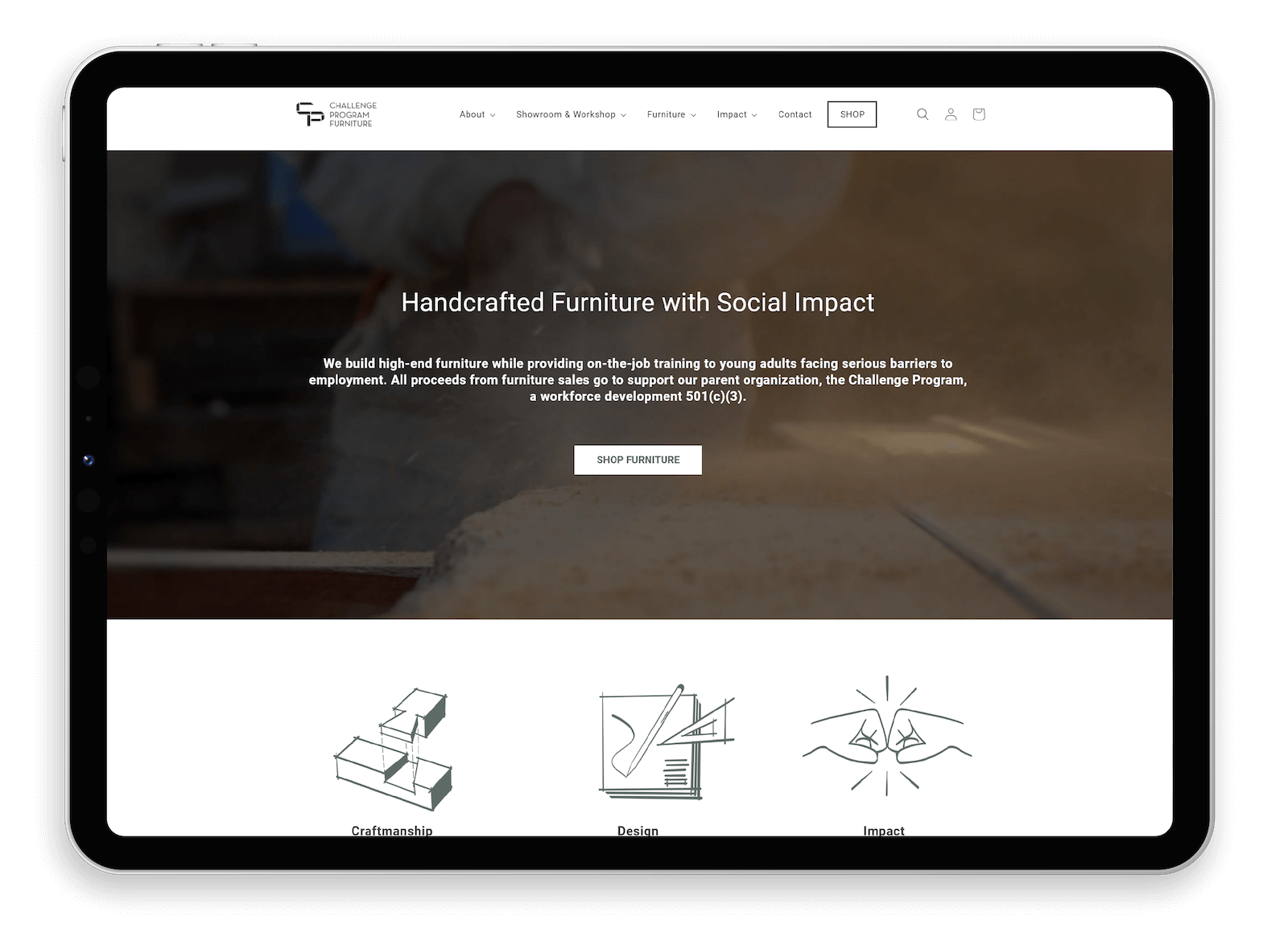 Website redesign screenshot of Challenge Program Furniture's site selling handcrafted furniture, highlighting social impact, with a headline, menu, and icons for search, account, and shopping cart.