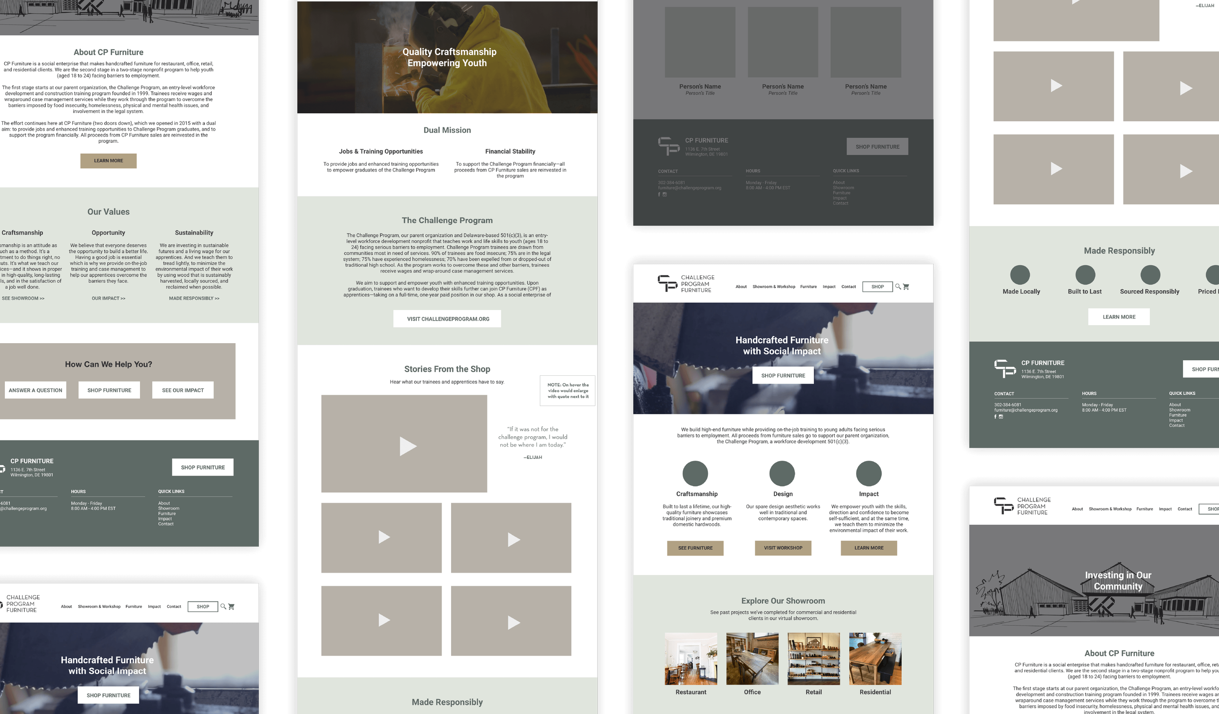 Website redesign mockups for Challenge Program Furniture showing homepage layouts, navigation, and sections highlighting social enterprise programs, handcrafted furniture, and community impact.