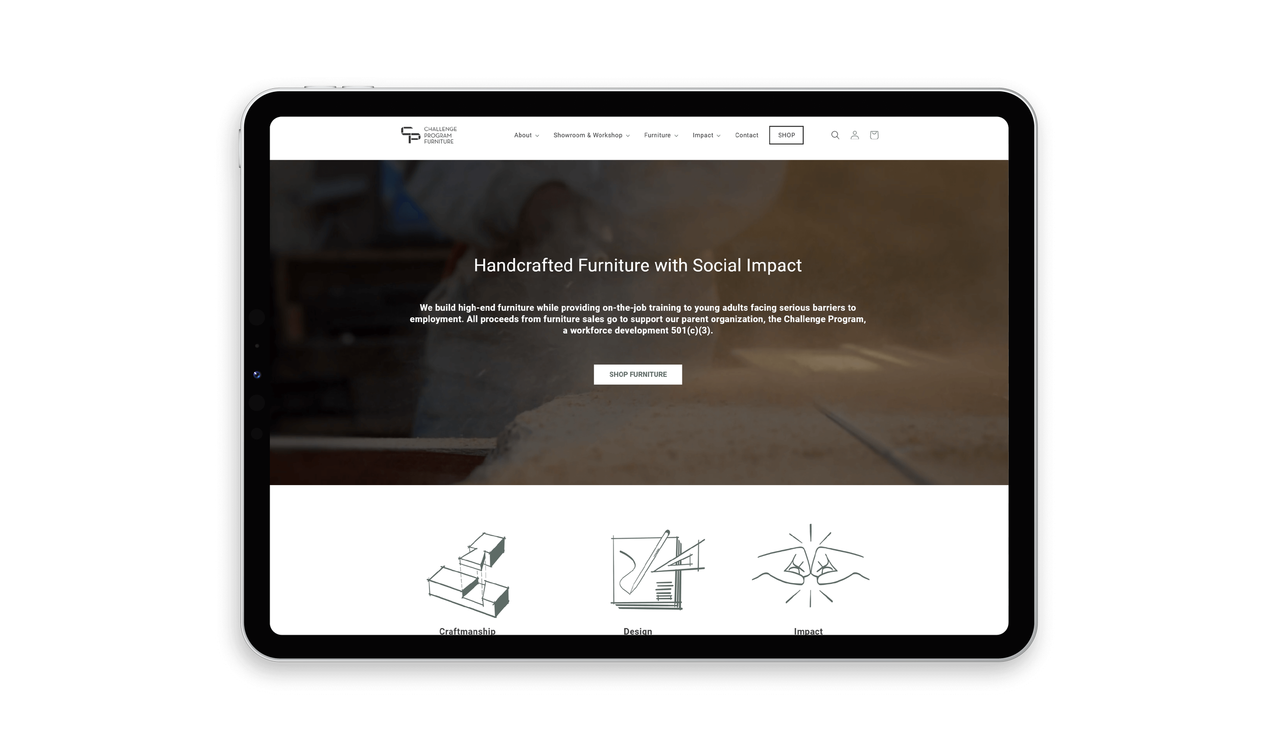 Website redesign screenshot of Challenge Program Furniture's site selling handcrafted furniture, highlighting social impact, with a headline, menu, and icons for search, account, and shopping cart.