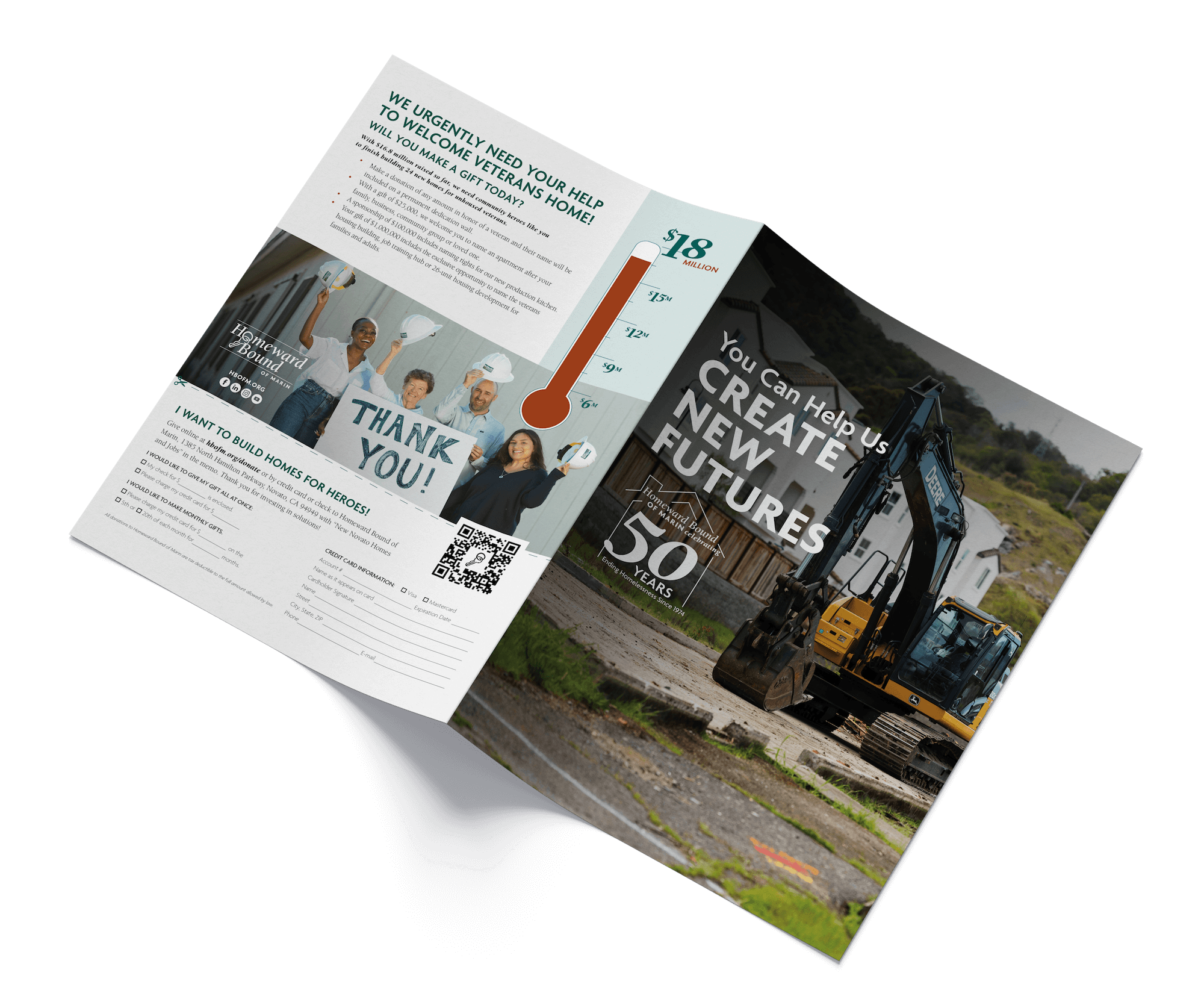 Capital campaign design for Homeward Bound of Marin asking for donations to build housing for veterans, featuring a fundraising progress thermometer and construction site imagery.