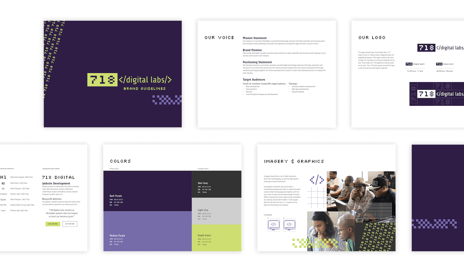 Brand guidelines for 718 Digital Labs showing logo usage, typography, color palette, and imagery styles as part of a web design and branding system.