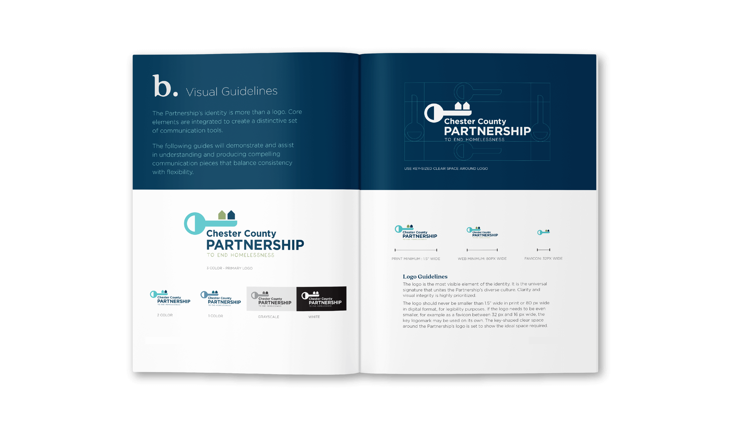 Open page from Colorful icon set 1 for Chester Country Partnership to End Homelessness's branding guide showing logo spacing
