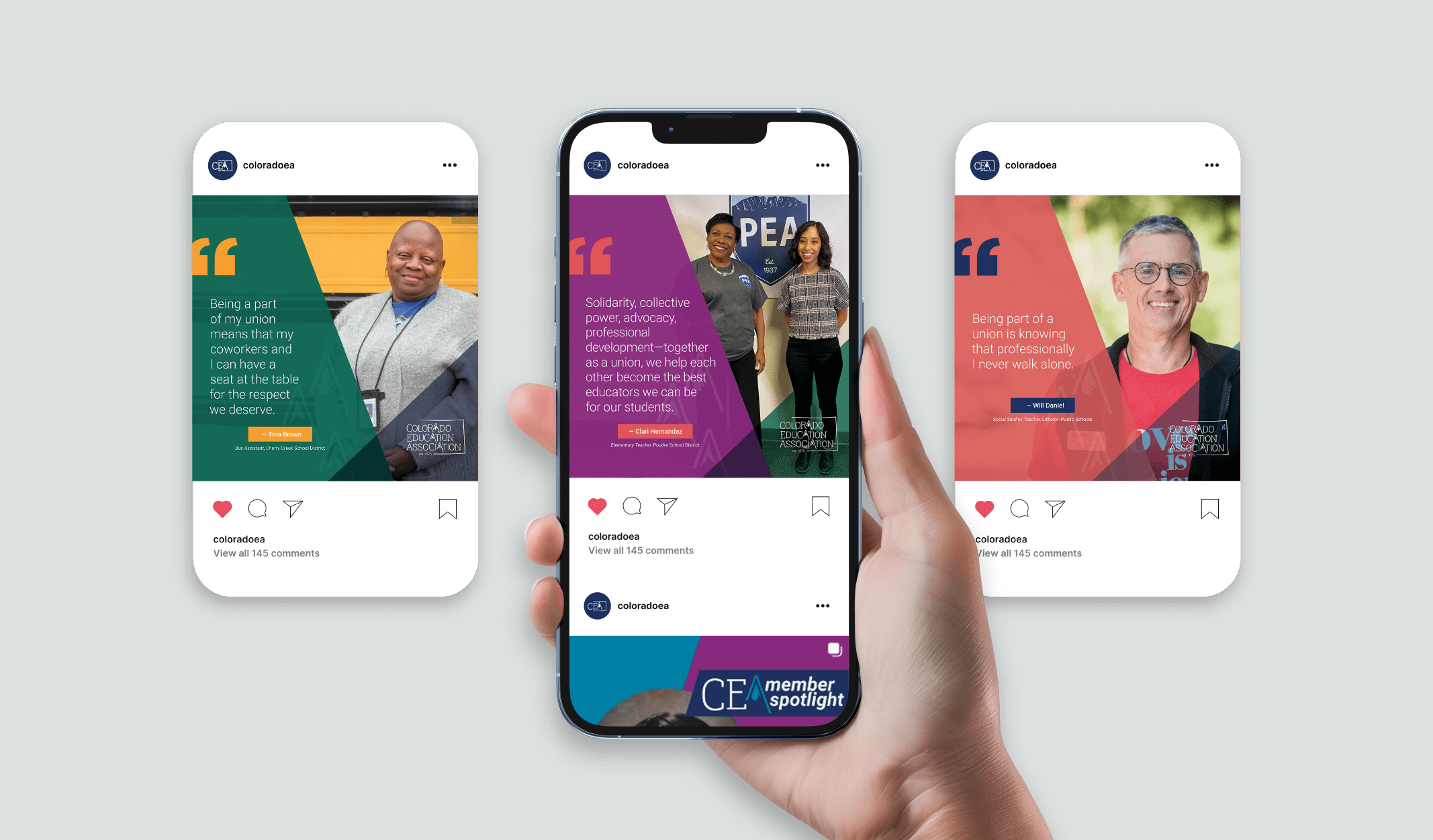 Instagram social media post mockups for Colorado Education Association